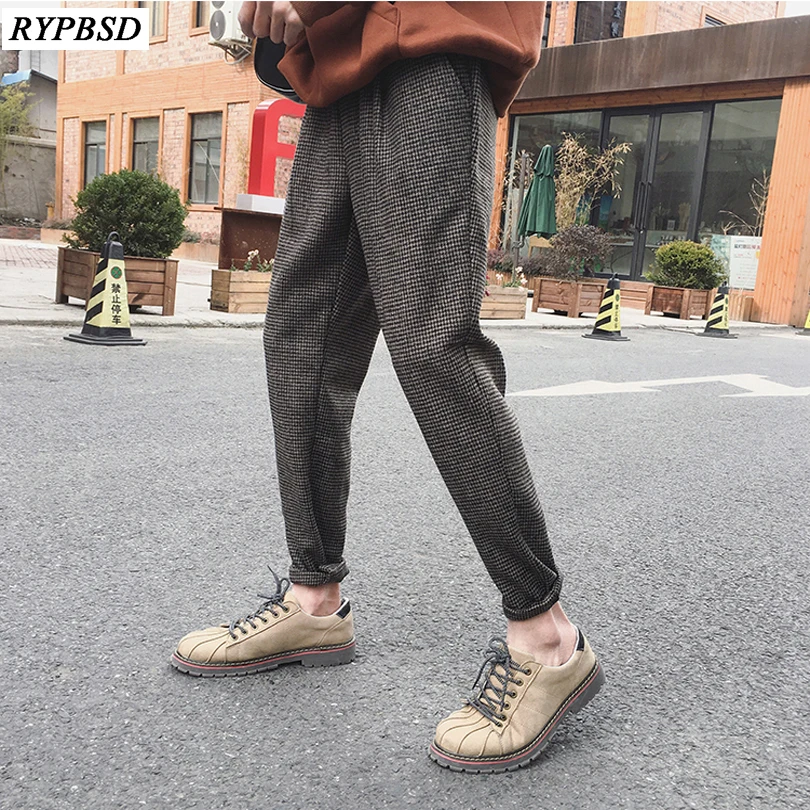 2019 Весна Harajuku ретро мужские клетчатые брюки Свободные Шерстяные материал девять брюки чистый цвет повседневные брюки черный/коричневый M-2XL