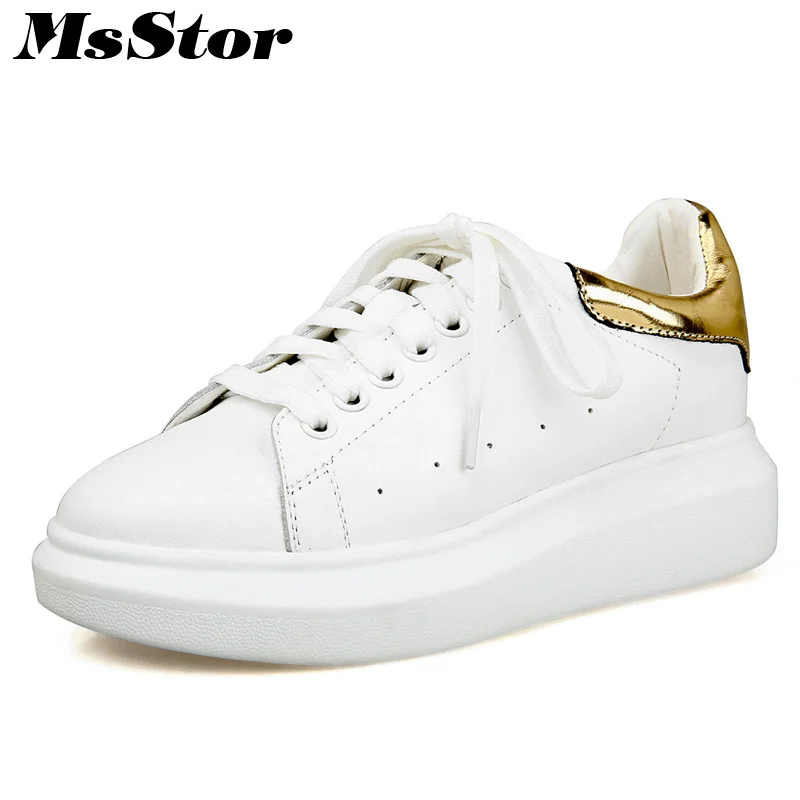 

MsStor Round Toe Mixed Colors Women Flats Casual Fashion Lace Up Women Flat Shoes Spring Genuine Leather Women Sneakers Brand
