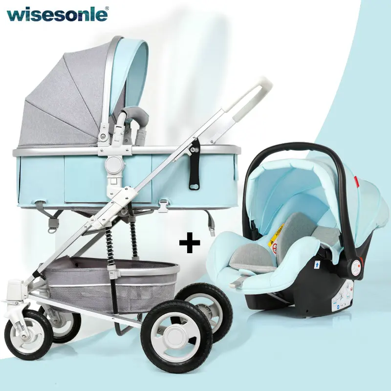  3 in 1 Baby Stroller with Car Safety Seat Set Rubber Wheel Baby Carriage with Cradle High Landscape