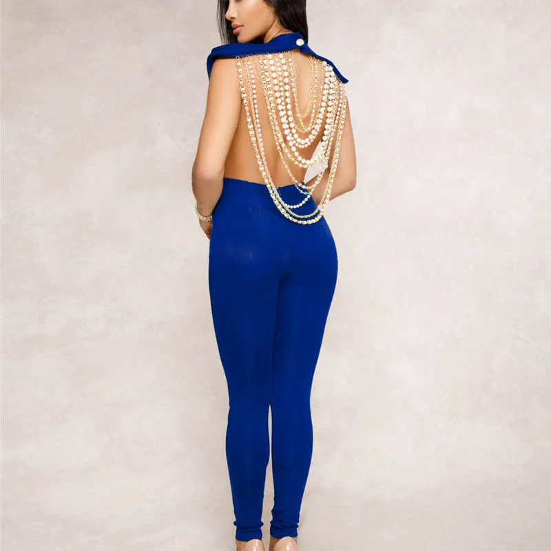 LaiCloAng сексуальный женский комбинезон с открытой спиной и жемчужной цепочкой, модный обтягивающий Летний комбинезон без рукавов, женские вечерние комбинезоны - Цвет: Синий