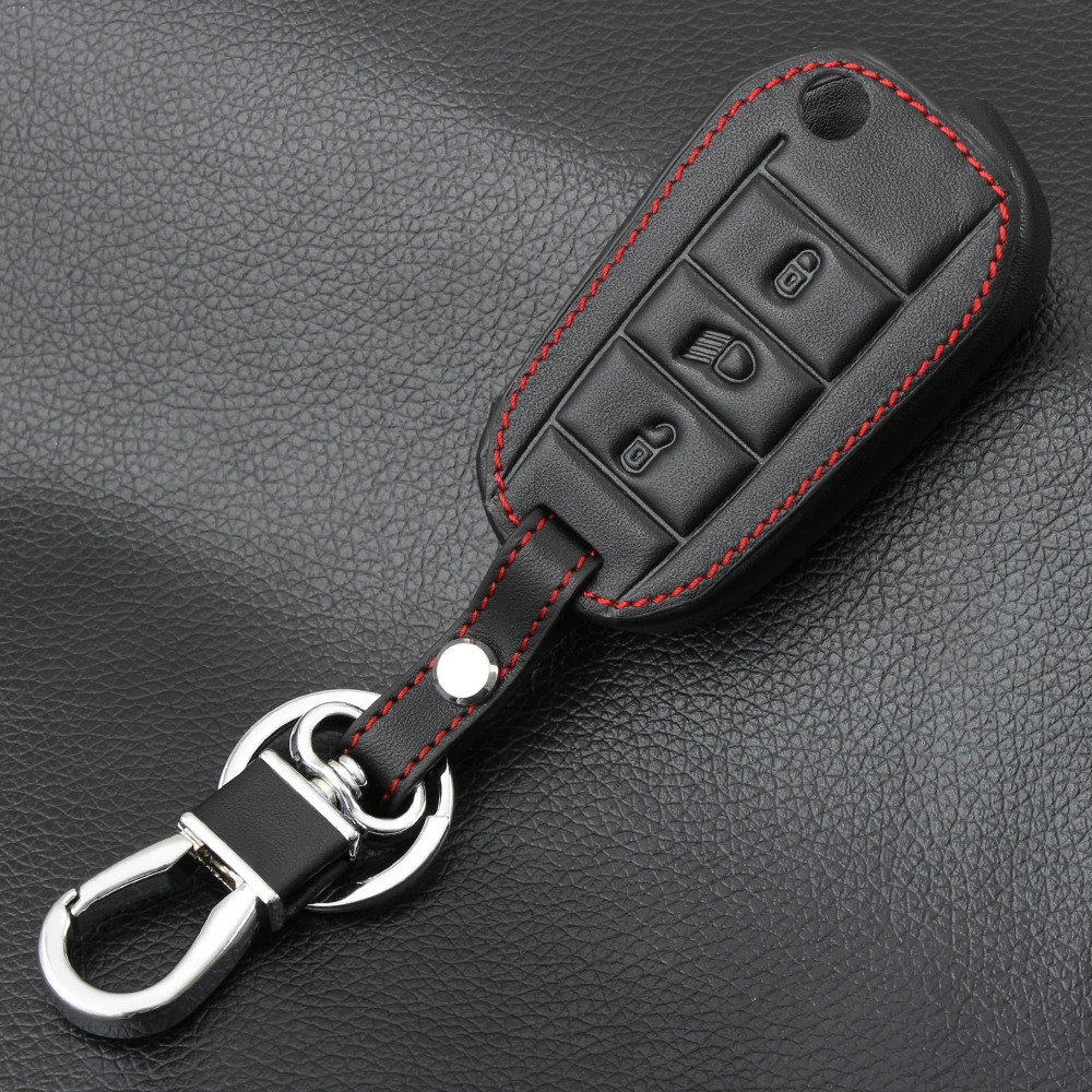 

Keyless Remote Key Fob Genuine Leather Case Skin Cover Protector For Peugeot 3008 208 308 508 408 2008 RCZ 307 3 Button Folding