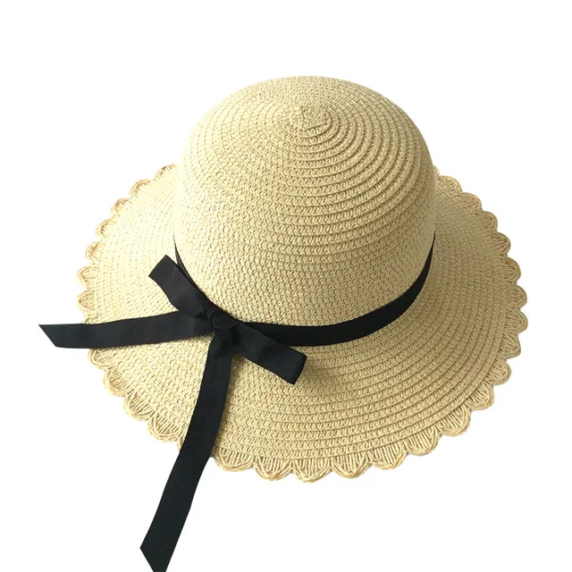 Girls Summer Cap Black Ribbon Decorate Wavy Straw Hat For Girls Children Panama Hat Kids Sun Cap Baby Beach Hats beige