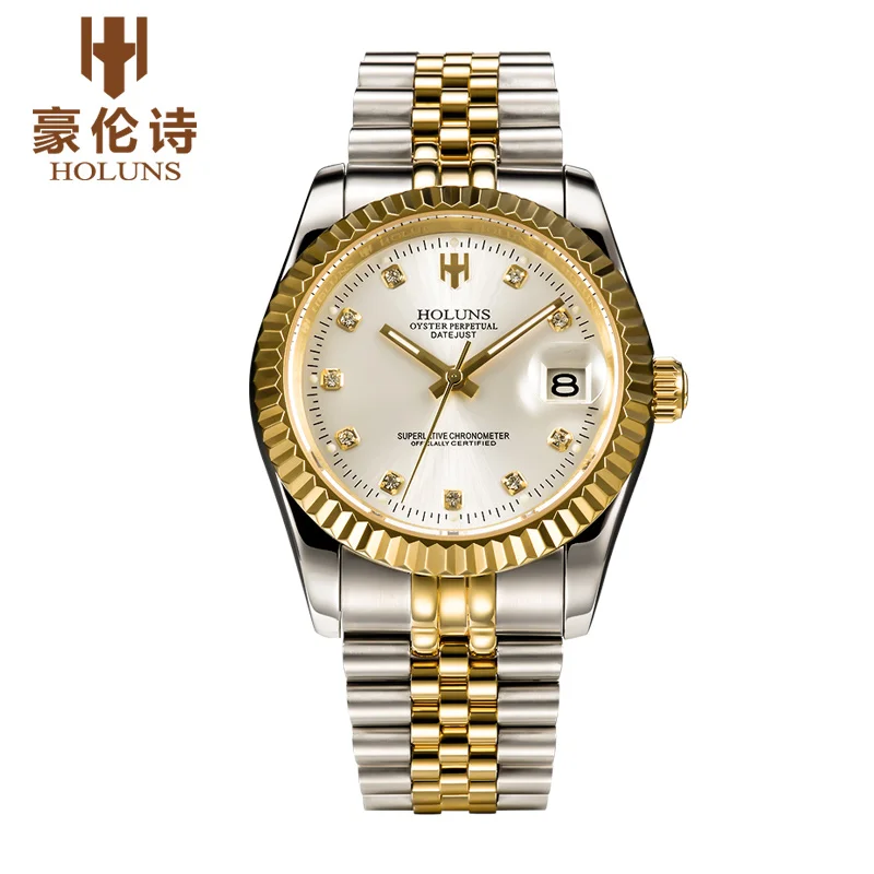 Holuns мужские часы Лидирующий бренд роскошные золотые бриллианты классические часы мужские ролевые часы автоматические часы наручные часы из нержавеющей стали - Цвет: Кофе
