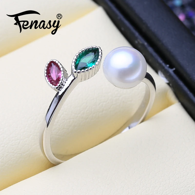 

FENASY Pearl Jewelry 925 Sterling Silver Ruby Leaf Ring With Pearl Genuine Natural Freshwater Pearl Rings For Women