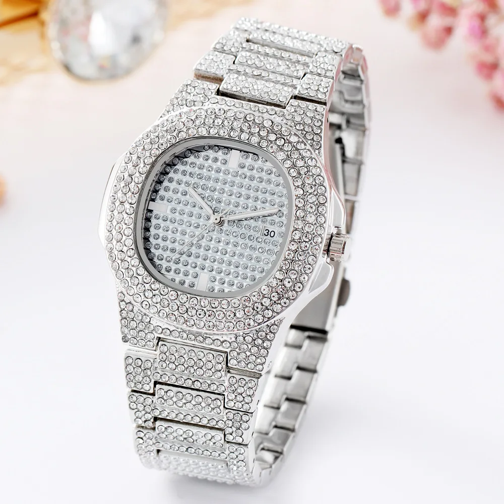 

Ladies Casual Watches Silver Women Top Brand Luxury Full Diamond Stainless Steel Watch For Women Quartz Fashion Waterproof Clock