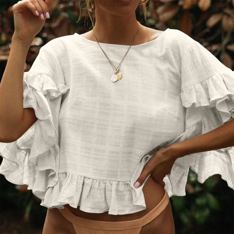 

Women Flare Sleeve Shirt Top Lace-up Irregular O-Neck Ruffles White Feminine Blouses 2019 Elegant Summer Solid Shirts Tops Woman
