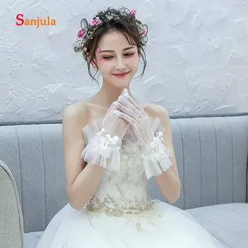 

Handmade Flowers Bridal Gloves Full Finger Wrist Length Ivory Tulle Wedding Gloves for Bride Women Important Occasion Gloves G44