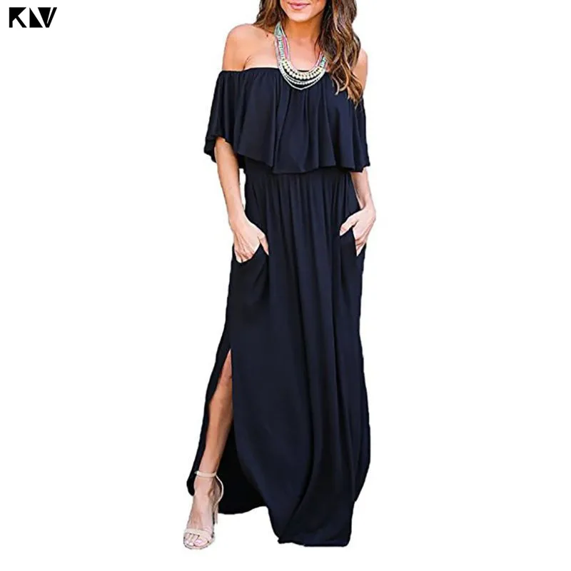 

KLV Off The Shoulder Party Maxi Long Dress Side Split Solid Color High Waist Ruffles Asymmetric Beach Sundress With Pockets