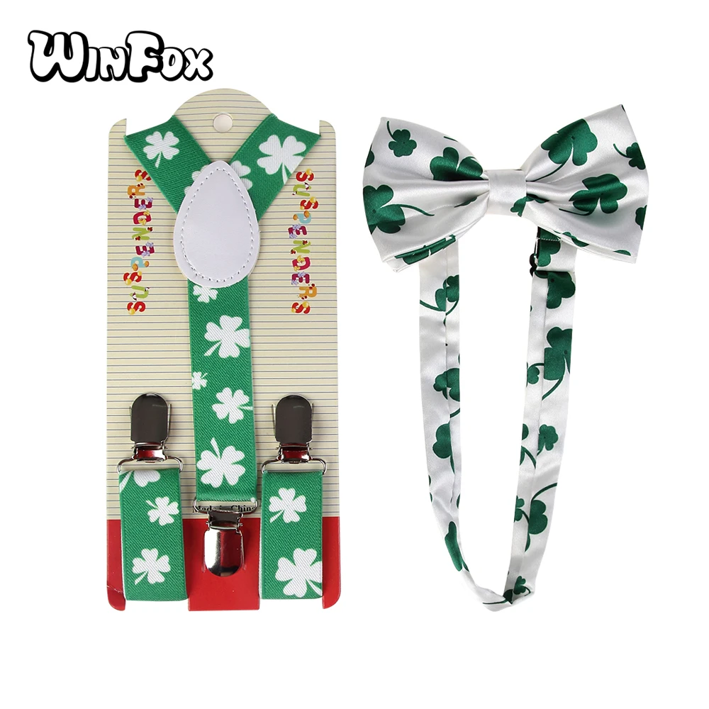 

Winfox New Fashion Green White Clover Floral Bow Tie And Suspender Set Kids For Boys Girls