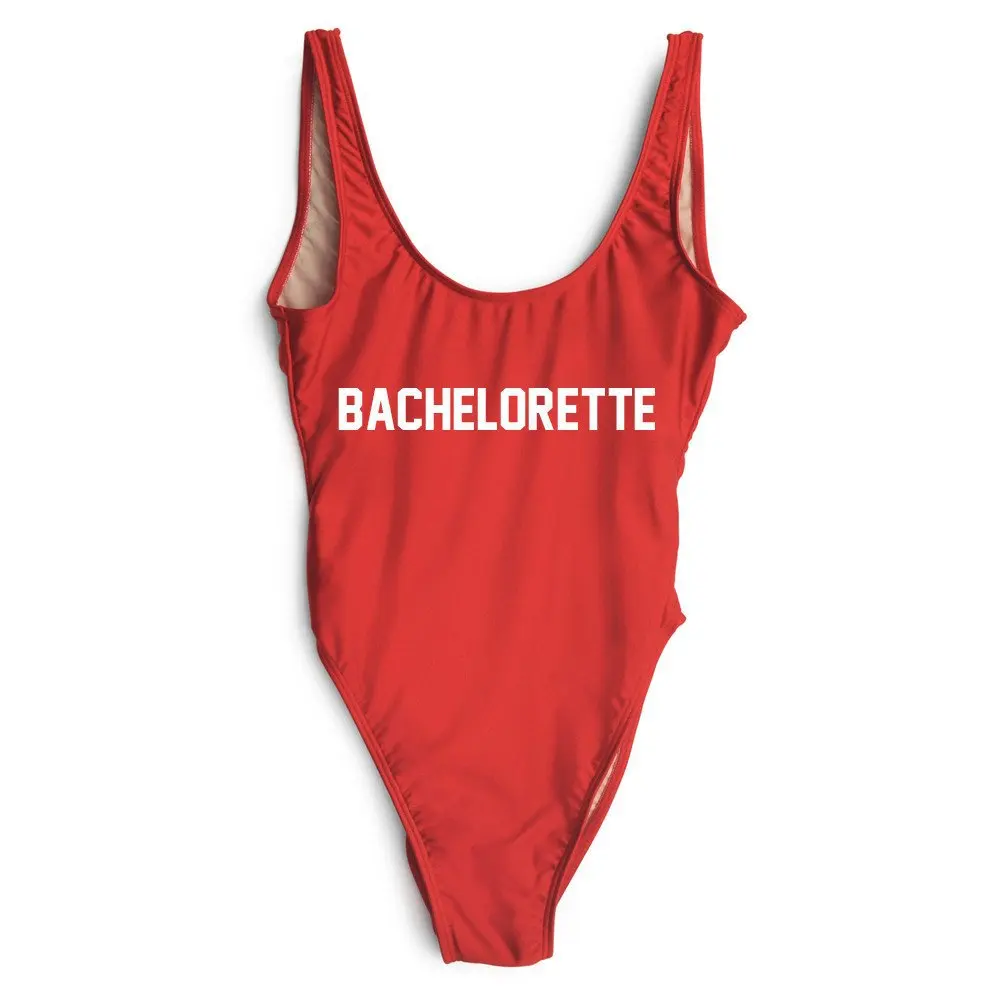 Print Lettering Swimwear BACHELORETTE HIGH CUT ONE PIECE SWIMSUIT RED