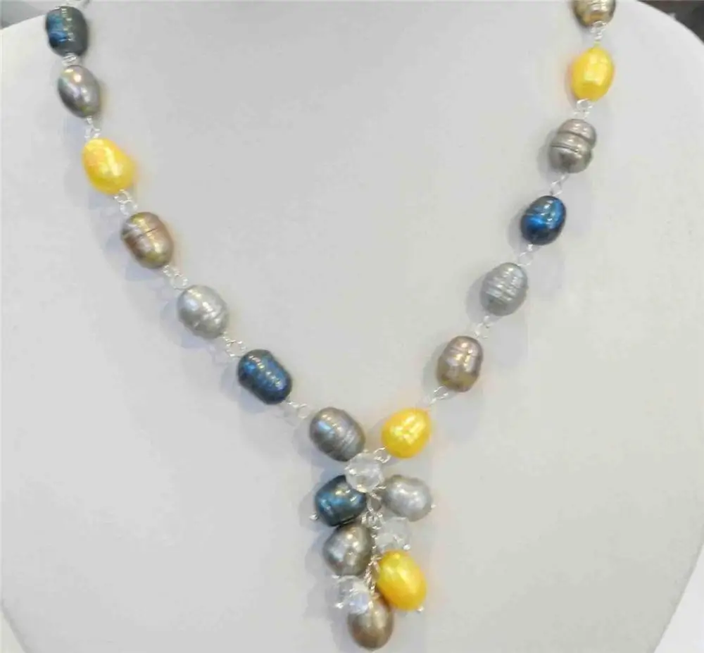 

~! 10-11MM NATURAL TAHITIAN MULT-COLOR PEARL NECKLACE 18" CRYSTAL & PEARL PENDANT WW