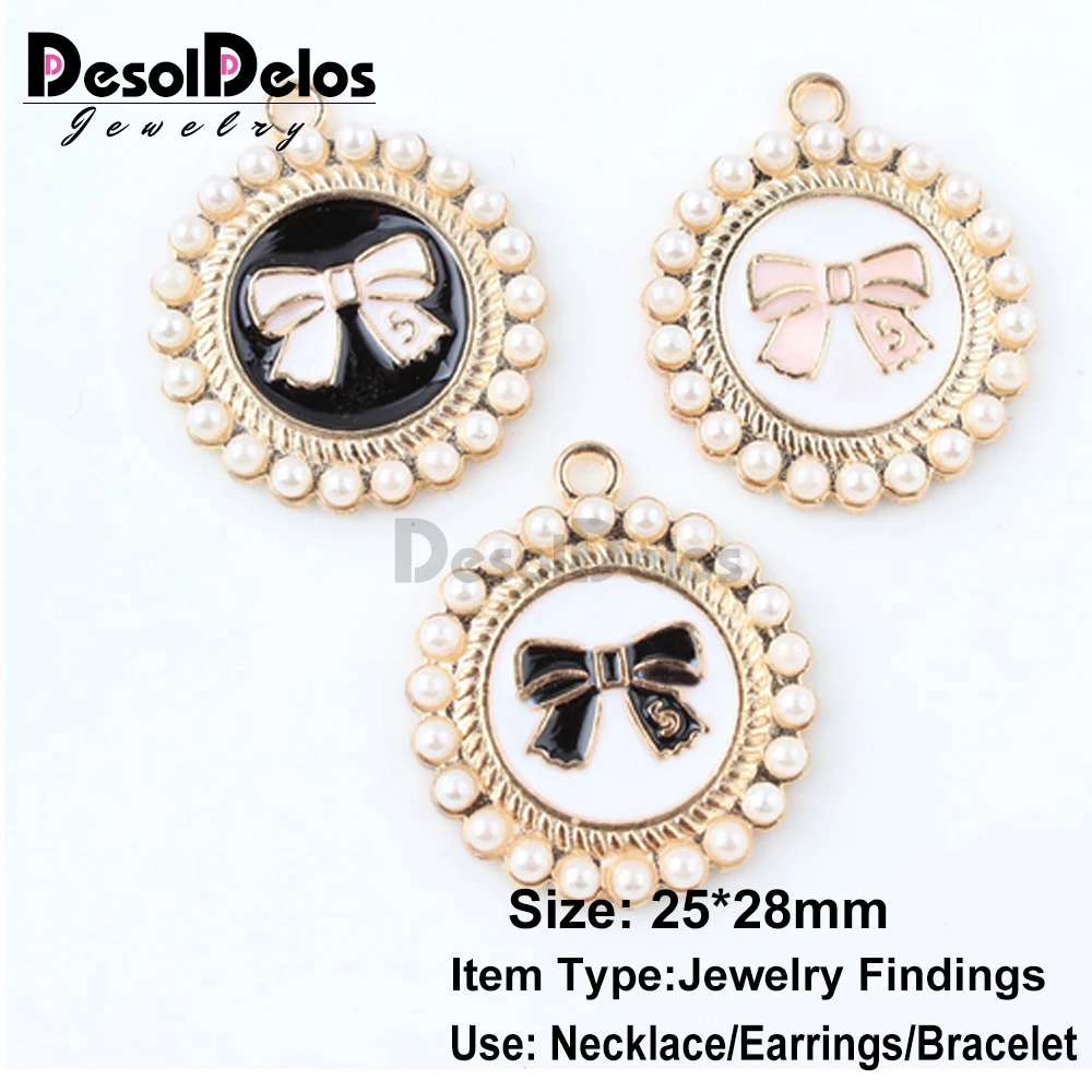 

10pcs/lot Bow Round Pearl Enamel Charms Oil Drop Zinc Alloy Gold-Color Floating Pendant Fashion Jewelry Accessories 2019