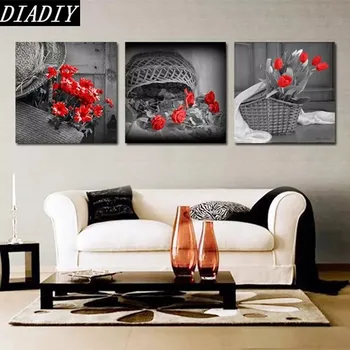

Full round 5D DIY Diamond Painting flower pot safflowe Crystal Diamond Painting Cross Stitch 3pcs Rose Needlework Home Decor R08