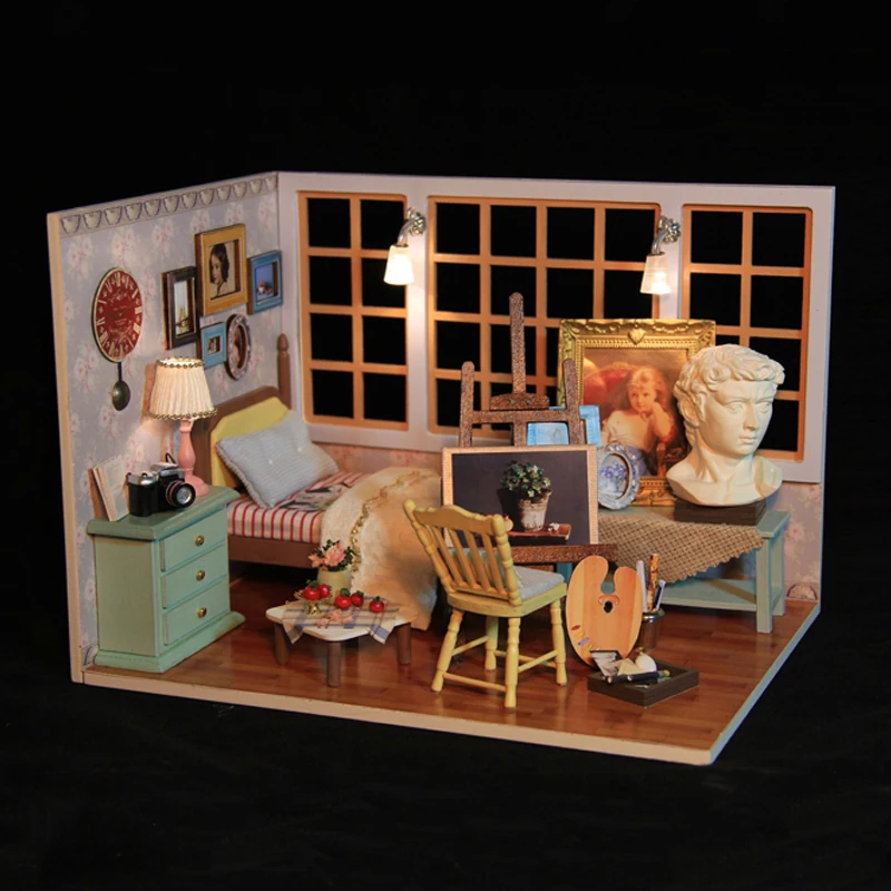

Cute Room Miniature DIY DollHouse With 3D Furnitures Handmade Wooden Assembled Model Toys For Children Best Of Times V007 #E