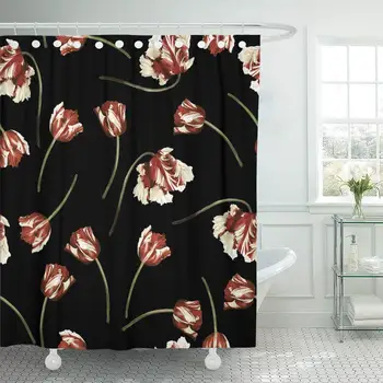 

Shower Curtain with Hooks Colorful Flower Floral Pattern Tulips Watercolor Green White Botanical Vintage Decorative Bathroom