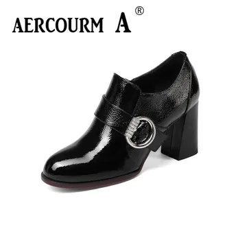 

Aercourm A 2018 Black Fashion Spring Autumn Pumps Shoes Round Toe Shallow Thick Heel Women High Heels Patent Leather Shoes Z312