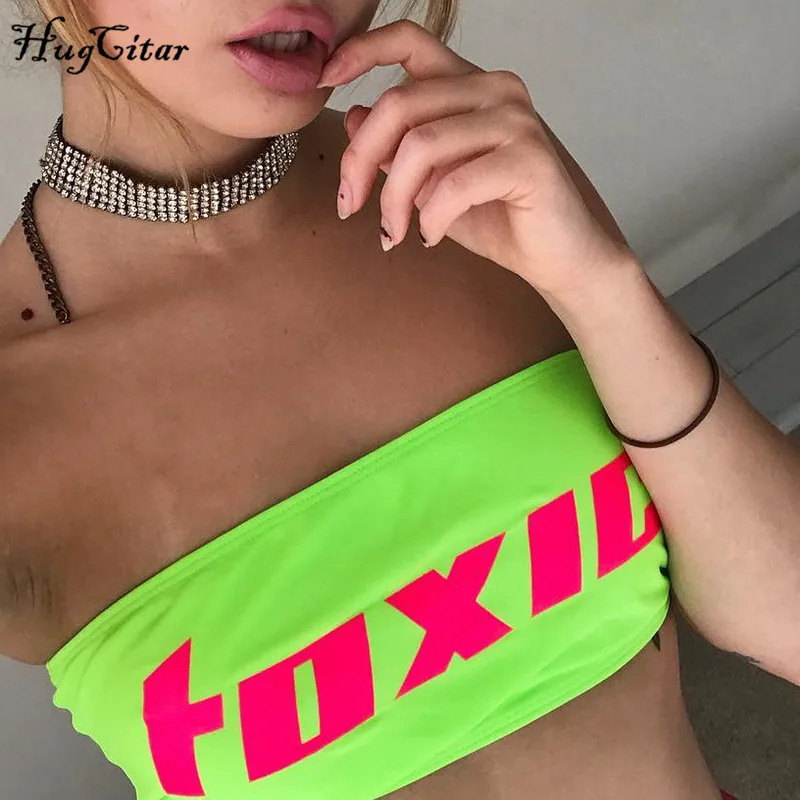 

Hugcitar letters print neon green sexy crop tops 2019 summer women fashion club party streetwear tank tops