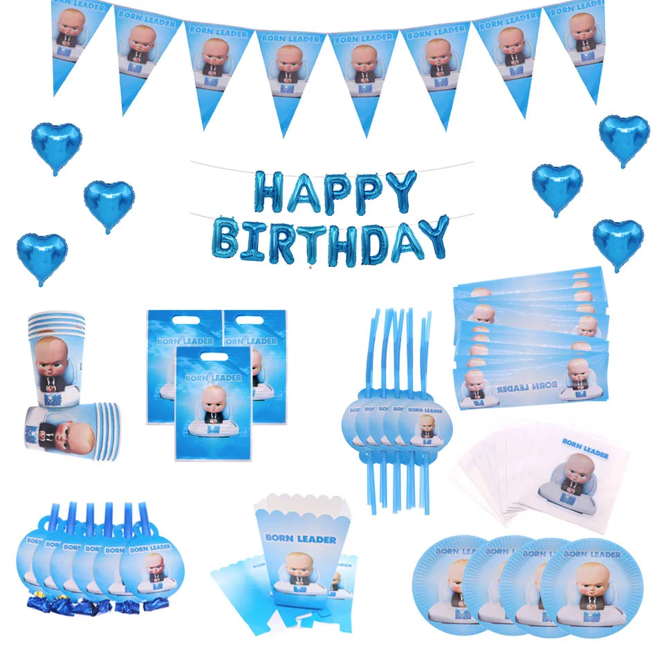 cheap Baby Boss Theme Birthday Party Decorations kids balloons Happy Birthday paper plates cups napkins banners blowouts