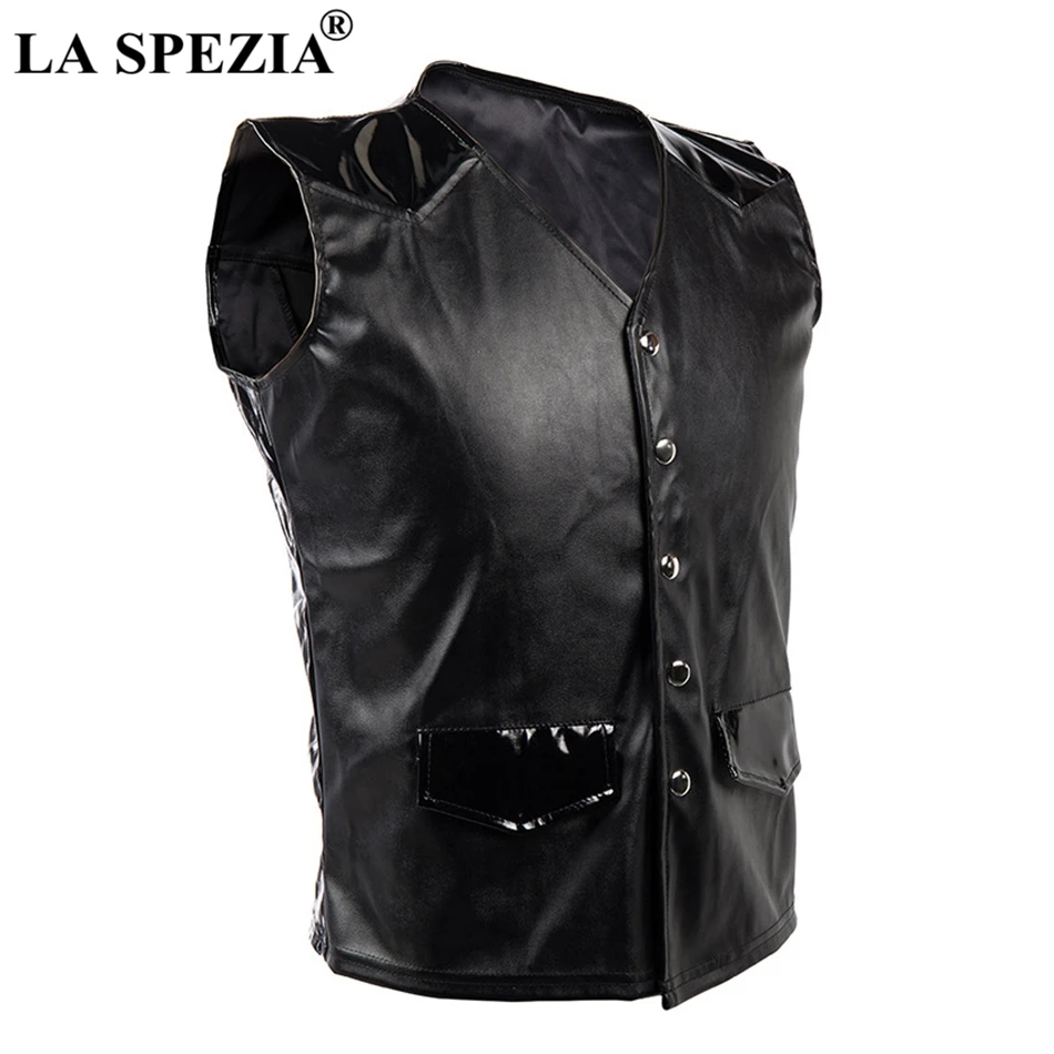 LA SPEZIA Black Vest Mens Biker Slim Fit Gilet Male Rock Stage Costume Show Patchwork Bright Pu Leather Solid Spring Waistcoat