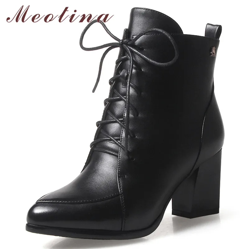 

Meotina Women Boots Winter Ankle Boots Zipper Thick High Heel Short Boots Lace Up Pointed Toe Shoes Ladies Autumn Red Size 33-43