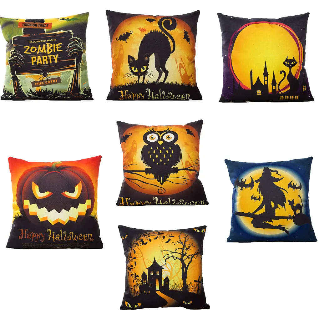 

Halloween Pumpkin Witch Cat Owl Pillow Case Square Linen Home Hotel Pillowcase