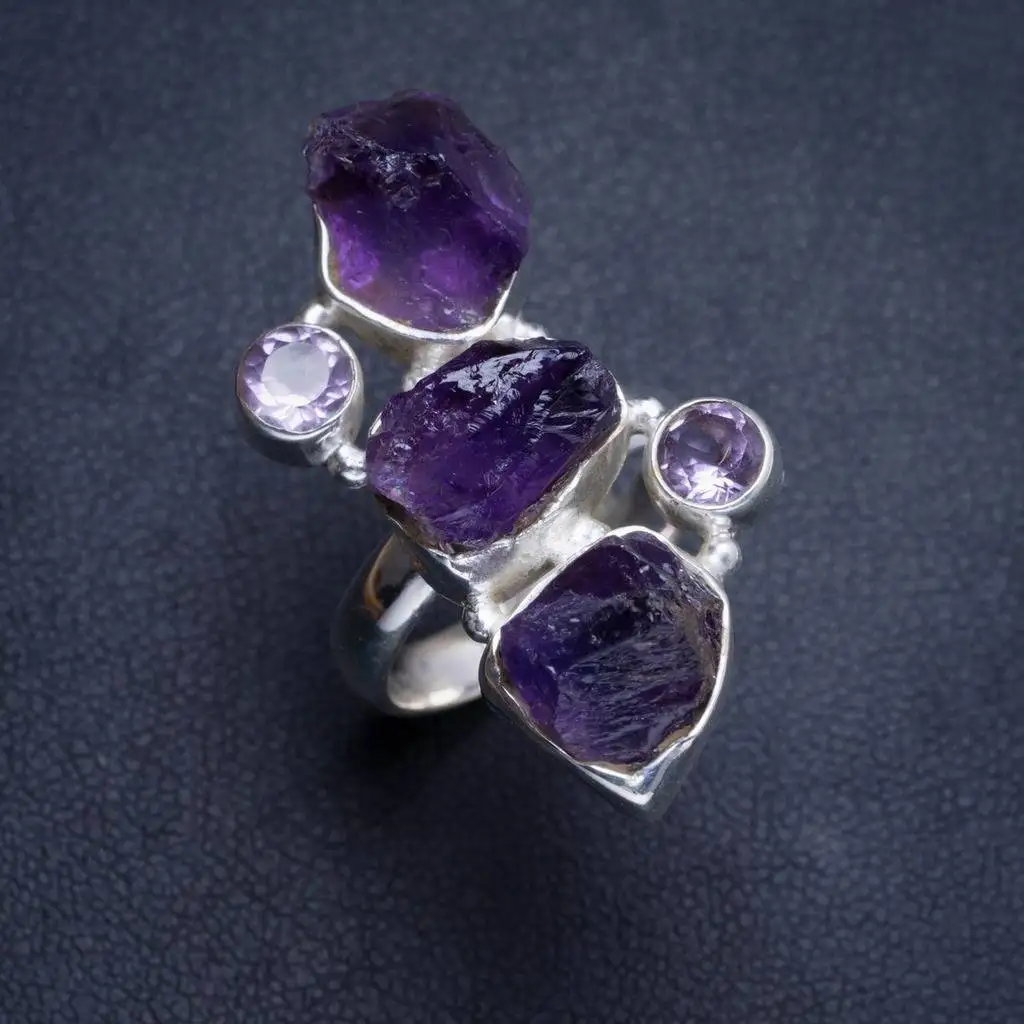 

Natural Amethyst Rough and Amethyst Handmade Unique 925 Sterling Silver Ring 7 Y4700