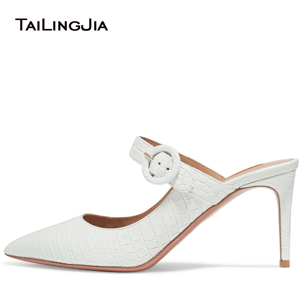 

White Casual Women Mules Slip on Lady Pointed Toe Mid 9 CM Heel Height Sandals Summer Shoes Buckle Plus Size Pumps Free Shipping