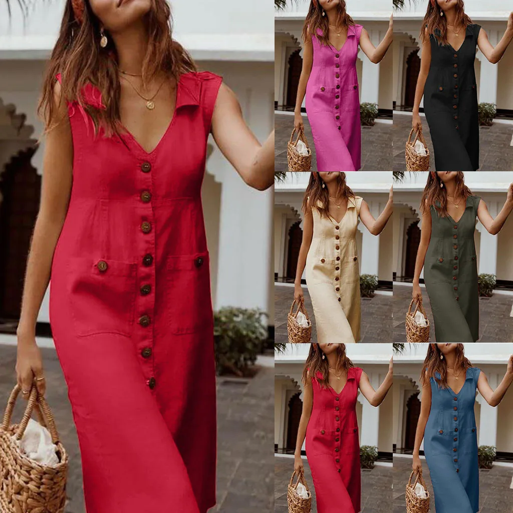 

Women Summer Casual Dress Vintage Elegant Solid With Buttons Sleeveless Daily Midi Dress Holiday Boho beach dresses ropa#3s