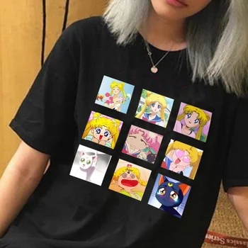 

Fashionshow-JF 1pcs Sweet Sailor Moon T-shirt Summer Fashion Harajuku Short Sleeve Cartoon Print Letters Tops Tees T-Shirt