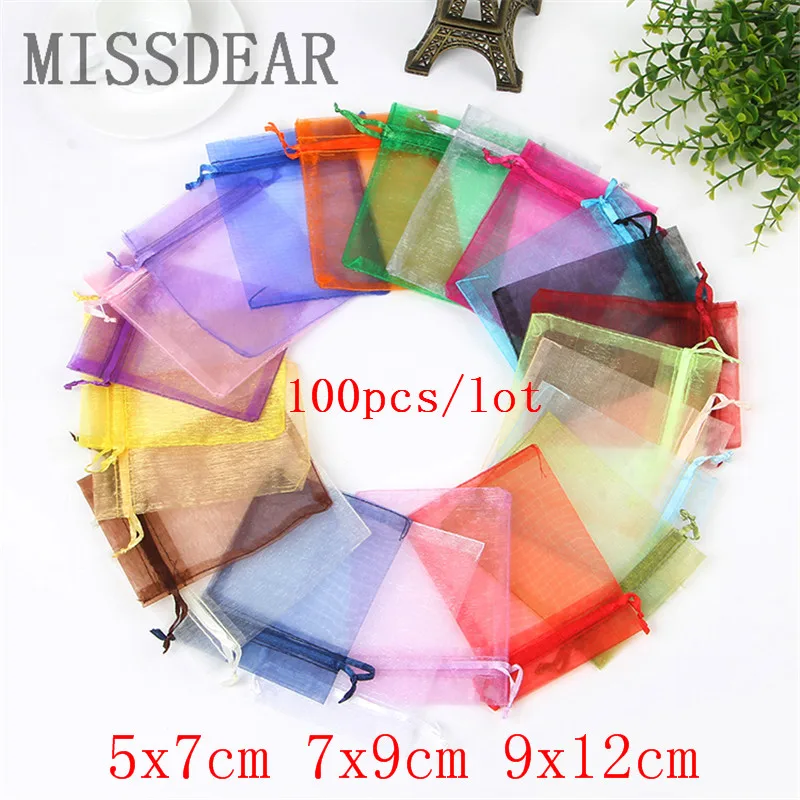 100Pcs/Lot 5x7 7x9 9x12cm Small Organza Bag Charms Jewelry Display Packaging Bags Wedding Drawstring Pouches Candy Gift Bag