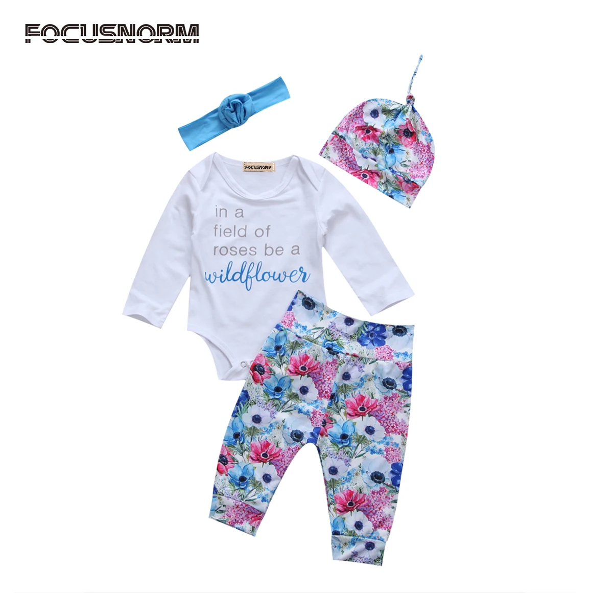 

4pcs Kids Baby Girls Clothes Letter Long Sleeves Jumpsuit Bodysuit Top+Floral Long Pants+Headband+Hat Outfit Set