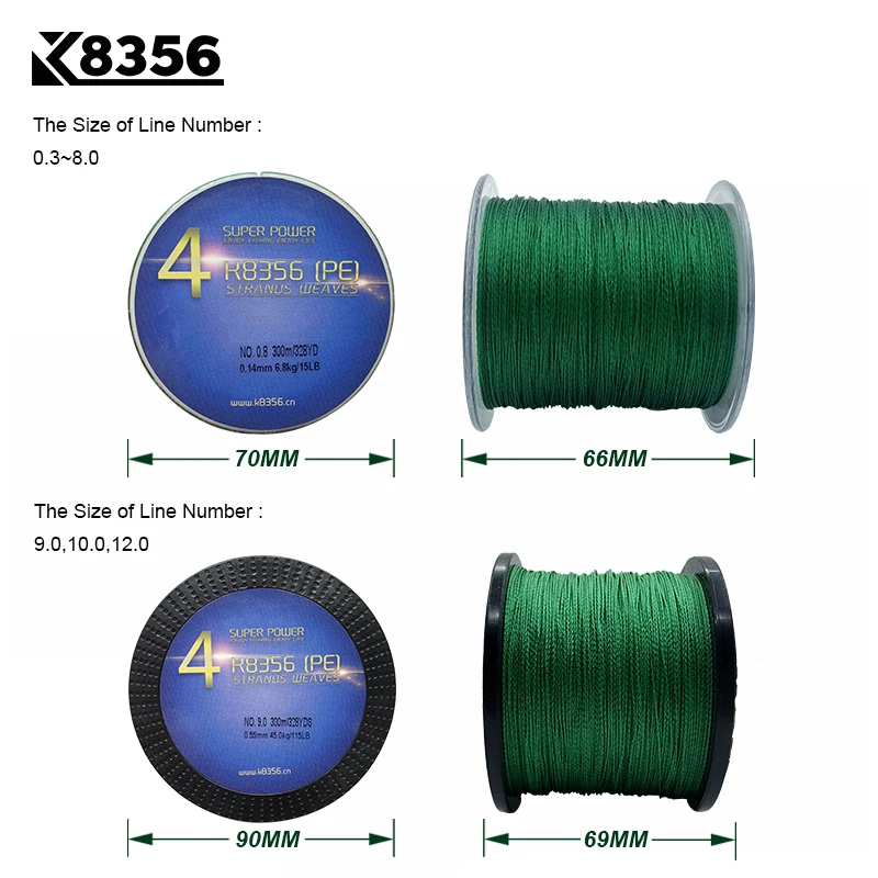 K8356 300 متر/328 متر 4 المدرجات PE خط مضفر خيط صنارة الصيد 100% PE مولتيفيلامنت خيط صنارة الصيد سوبر قوية عالية الجودة 8LB-150LB