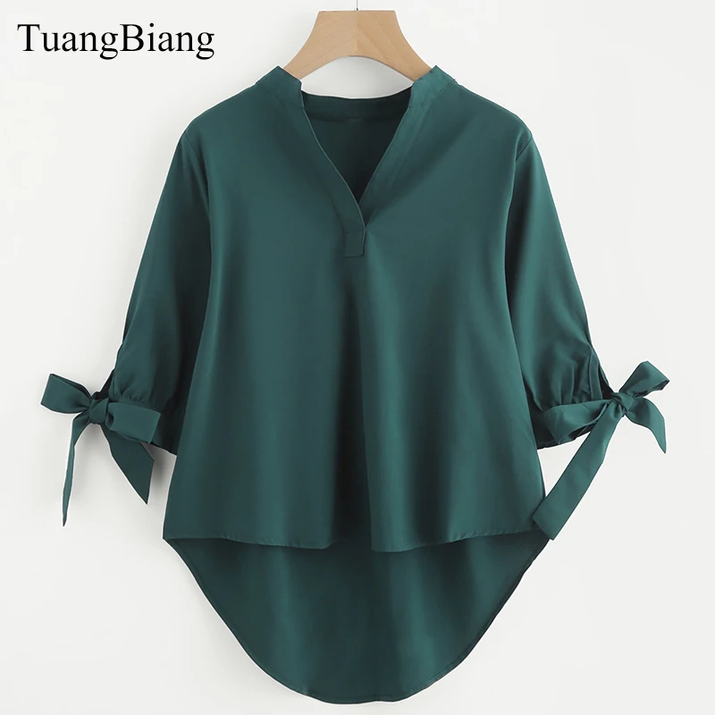 

2018 Women Short Front Long Back Bow Sleeve Solid Color Print Shirt Female V-neck Half Sleeve Loose Summer Blouse Tops Camisas