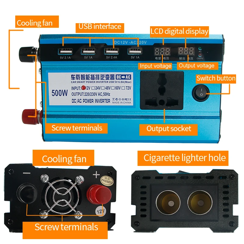 Автомобильный инвертор, 12 В, 220 В, 500 Вт, солнечный, 4 USB светодиодный дисплей, зарядка, портативный адаптер для прикуривателя, для дома, автомобилей, электронный