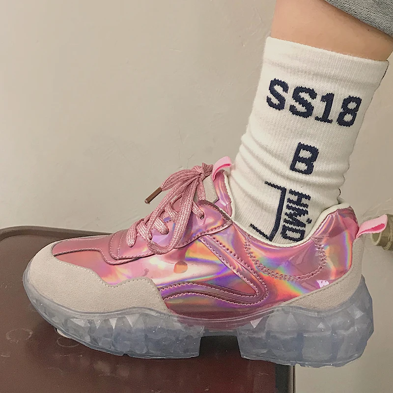

Rimocy pink pvc transparent clear heels sneakers women fashion silver laser high platform sneaker shoes woman casual flats mujer