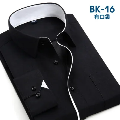 Мужская рубашка с длинным рукавом,, плюс размер, 4XL, высокое качество, одноцветная рубашка, hombre, повседневная, приталенная, деловые рубашки, Мужская сорочка, Homme - Цвет: BK16