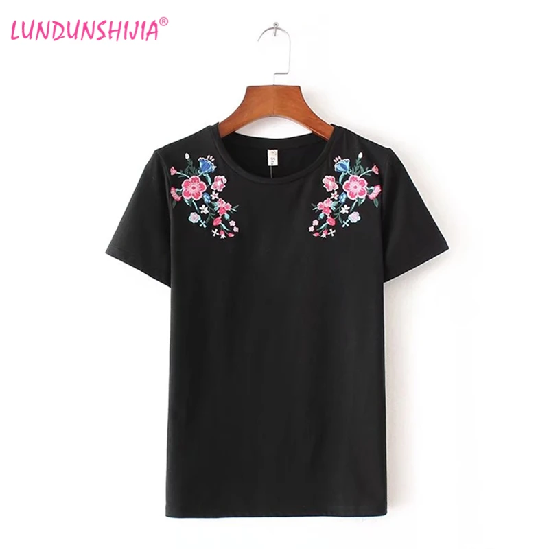 

LUNDUNSHIJIA Blusas 2017 Summer Fashion T-shirts For Women Flowers Embroidery O-neck Tee Top Casual Female T-shirt