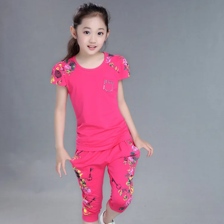 Коллекция года, комплект летней одежды для девочек, футболка с короткими рукавами и штаны комплекты повседневной спортивной одежды детская одежда с рукавами и принтом для детей возрастом от 4 до 14 лет - Цвет: rose