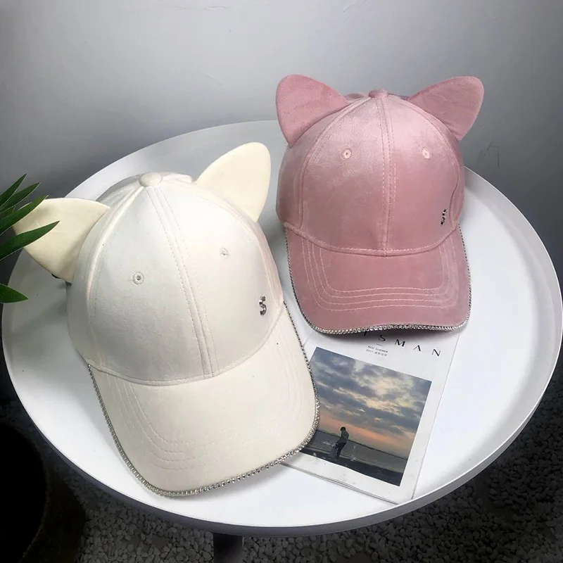 

2018 Spring Velvet S Letter Outdoor Baseball Cap Cute Cat Ears Rhinestone Snapback Fashion Hats For Men Women High Quality Cap