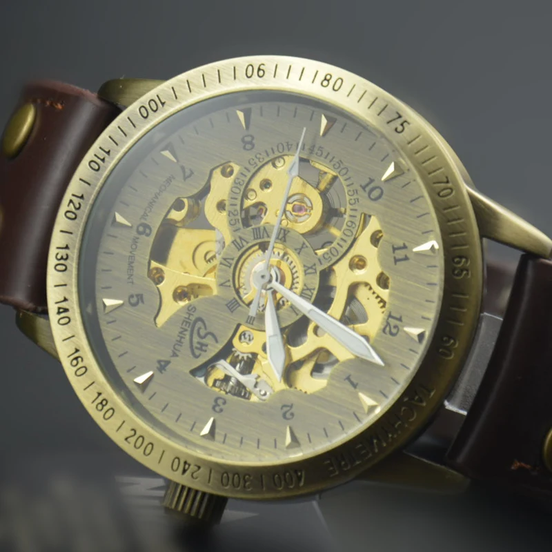 خمر البرونزية الرجال ساعة اليد الهيكل العظمي ساعة الذكور جلد حزام العتيقة Steampunk عارضة التلقائية الهيكل العظمي ساعات آلية