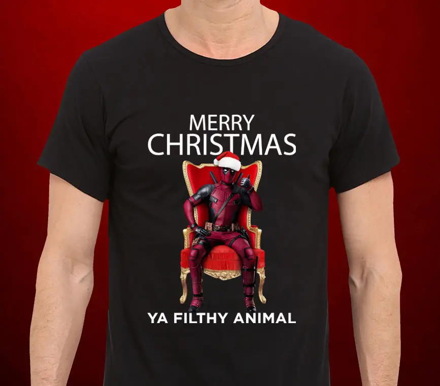 Черный Стиль Мужская Мода Экипаж шеи Дэдпул Merry X Mas вы Filthy Animal забавные Для мужчин