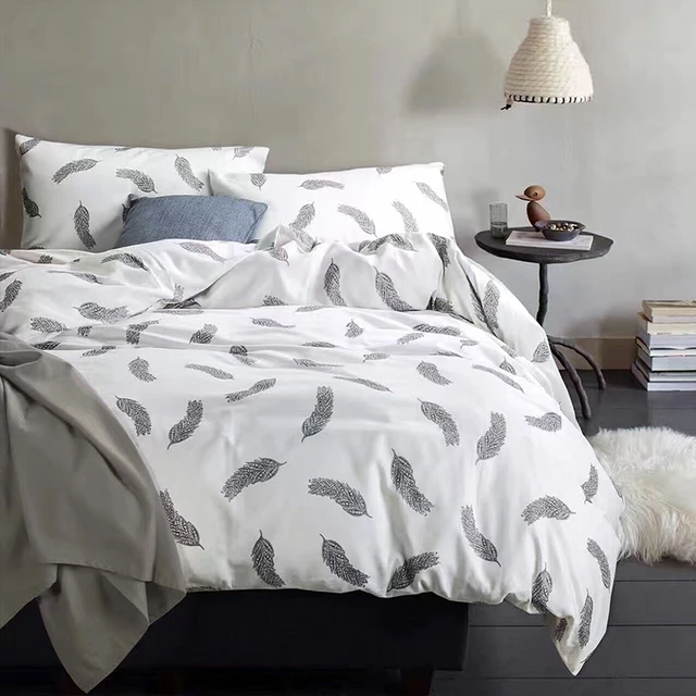 100 Cotton Brushed Bedding Set, white Feather pattern printed Duvet