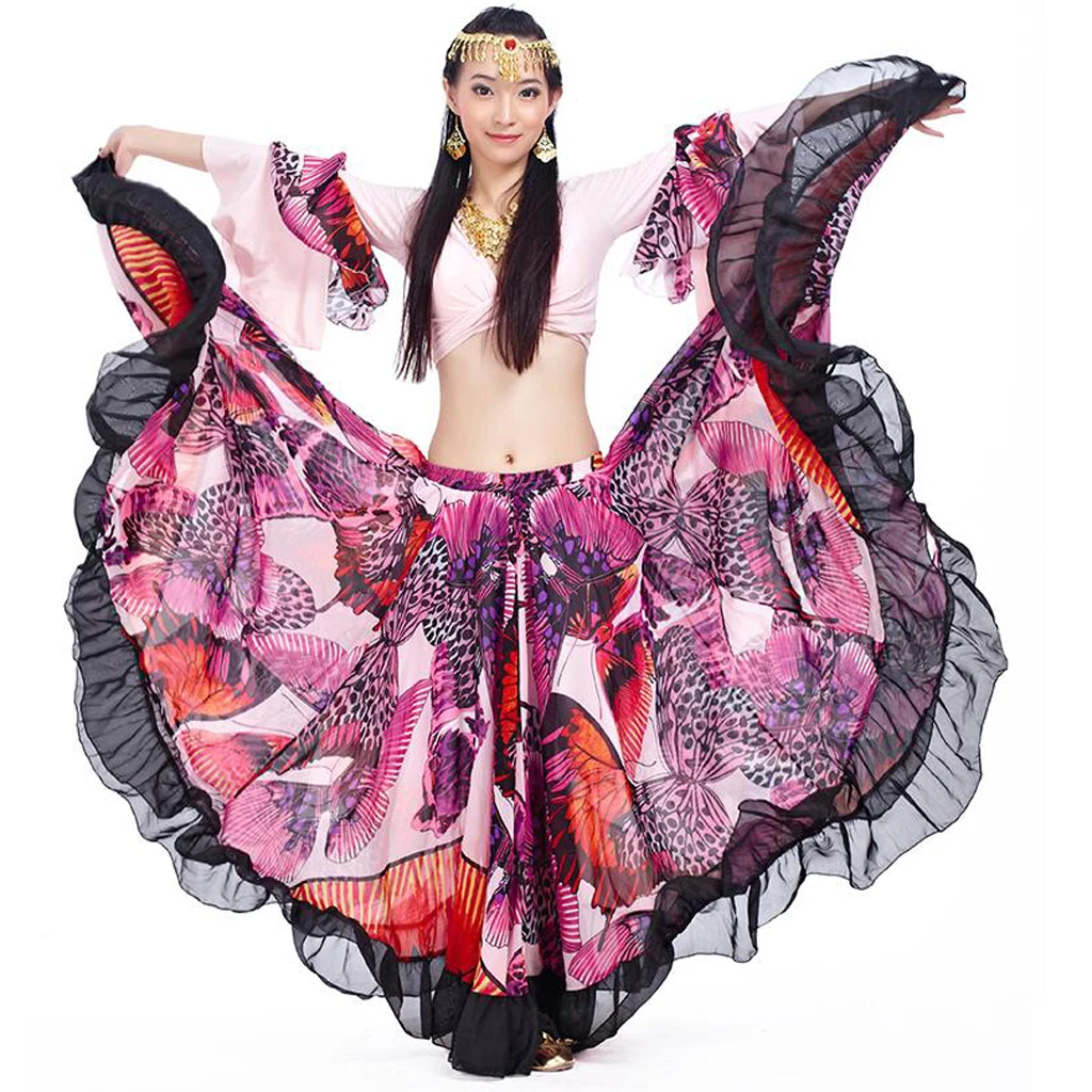 Tribal Gypsy Style Flamenco Belly Dance Costume Set for Women Chiffon Top and Butterfly Print Swing Maxi Skirt