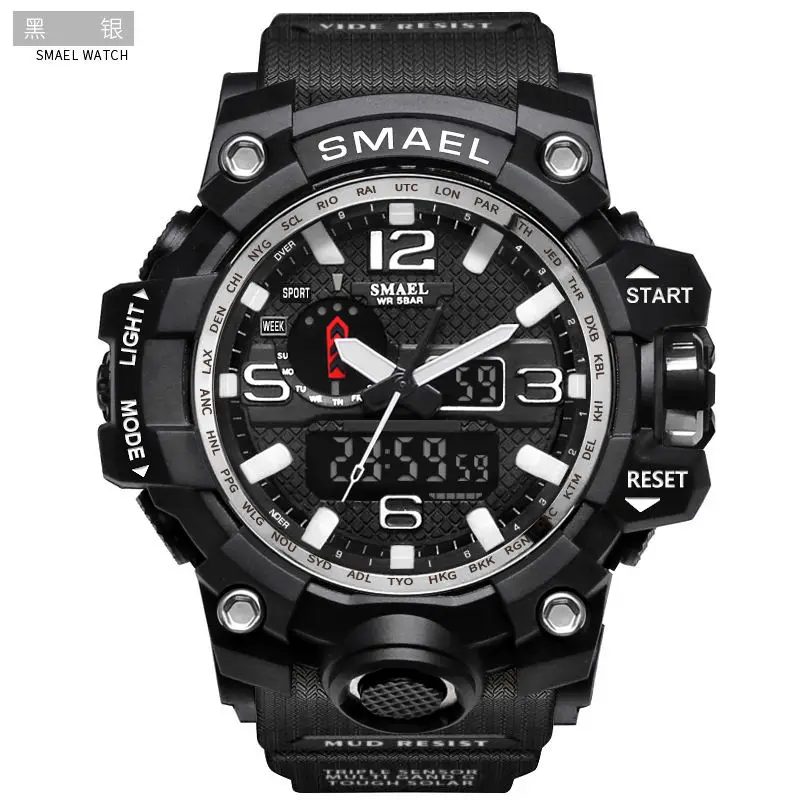 SMAEL Лидирующий бренд роскошные часы с двойным дисплеем мужские s военные кварцевые часы Мужские ударопрочные спортивные стильные цифровые часы Relogio - Цвет: black silver
