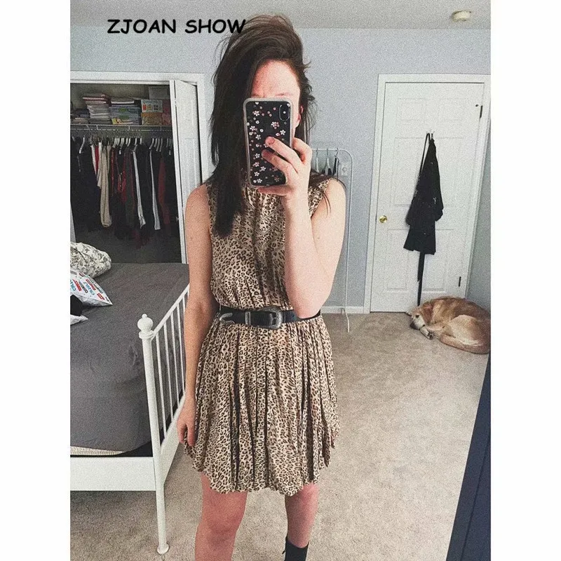 

2019 Women Bohemian Leopard Print Sleeveless Dress Khaki Ethnic Spliced Hollow Out Lace Short Dresses Asymmetrical BOHO Vestidos