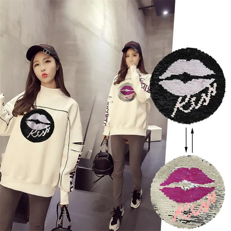 

T-shirt Girl Patch 18.5cm Lips flip double sided Patches for clothing Reversible change color sequins T shirt Stickers