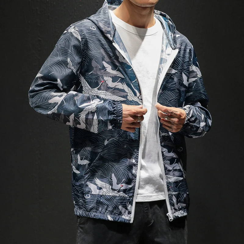 

NEW Men Crane Printing Jacket Bomber Jacket Outerwear Windbreaker Hooded Waterproof Coats Jacket