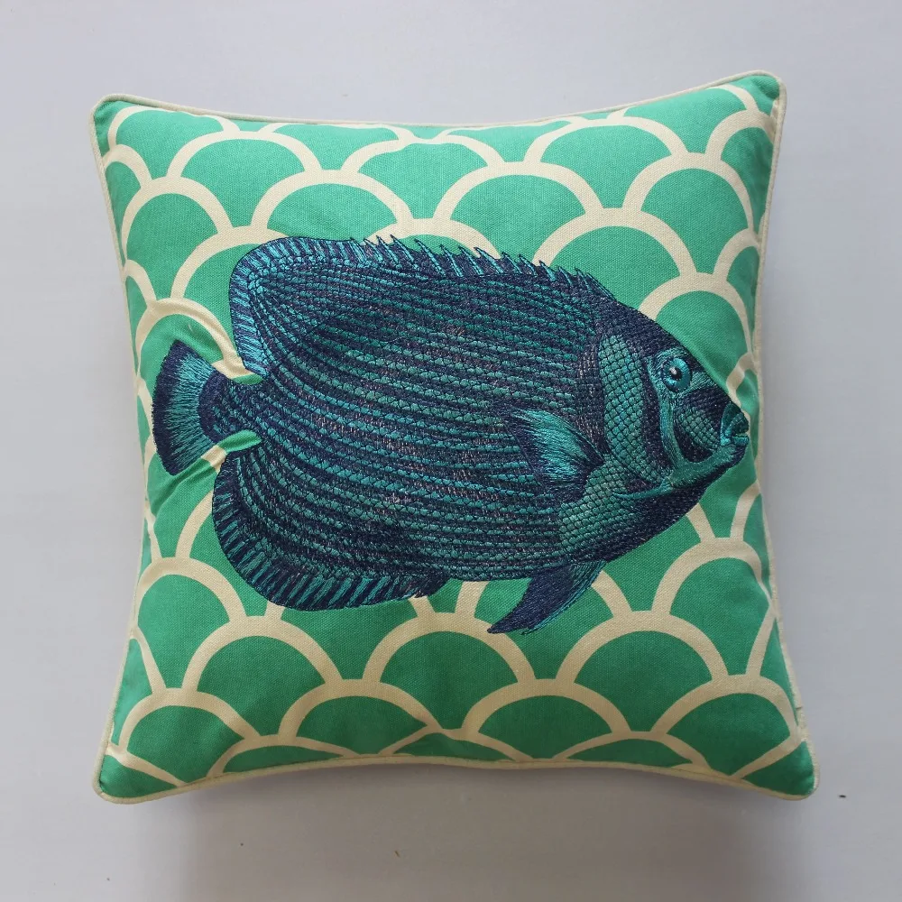 VEZO HOME embroidered green fish cotton linen modern sofa cushions