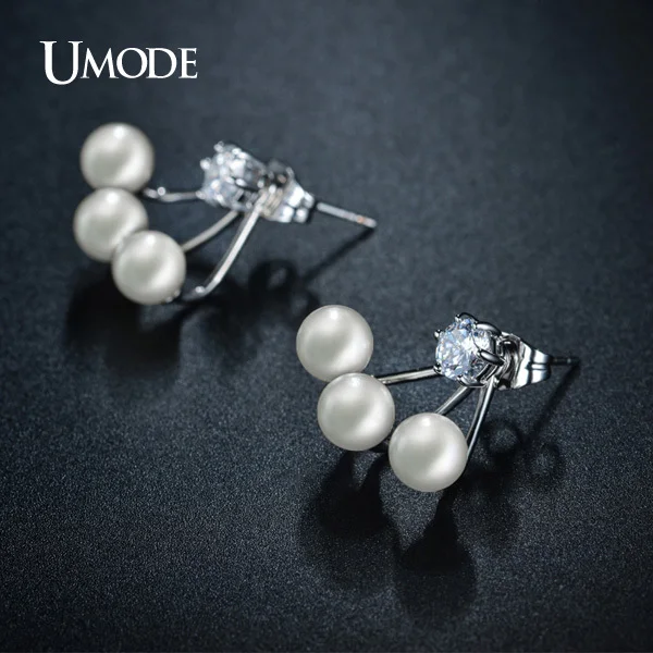 UMODE White Gold Color Pearl Stud Earring for Women Double Sided Simulated Pearl Earrings Jewelry Fashion Brinco AJE0255B