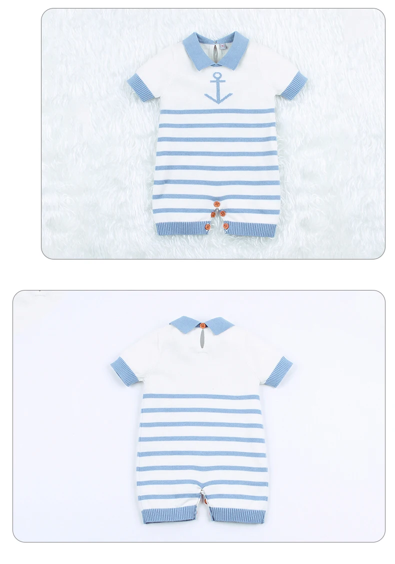 Macacão de Bebê Recém nascidos de Manga Traje de Uma Verão Tarja Crochê Bebê Menina Menino Macacão Crianças Jumpsuit Roupas Curta Azul Peça 9 Cheap boys one piece
